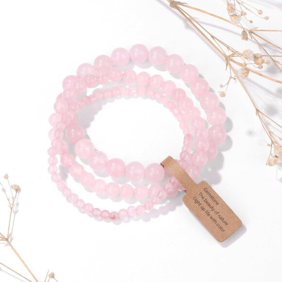 3 PCS 4,6,8mm rose quart Healing Natural Stone Beaded Stretch Bracelet for Women - Picture 6 of 6